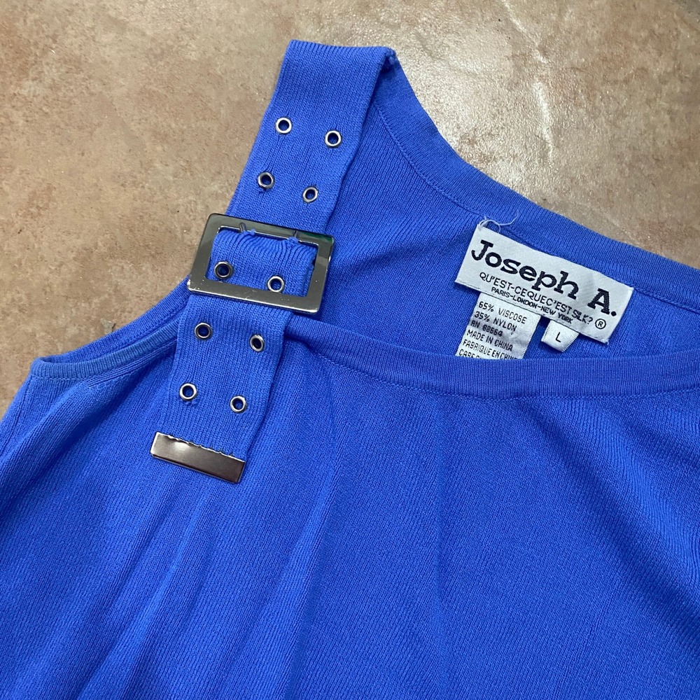 Vintage 90s Joseph A Large Cobalt Blue Ribbed Asymmetrical Buckle Strap Tank Top - Picture 5 of 9